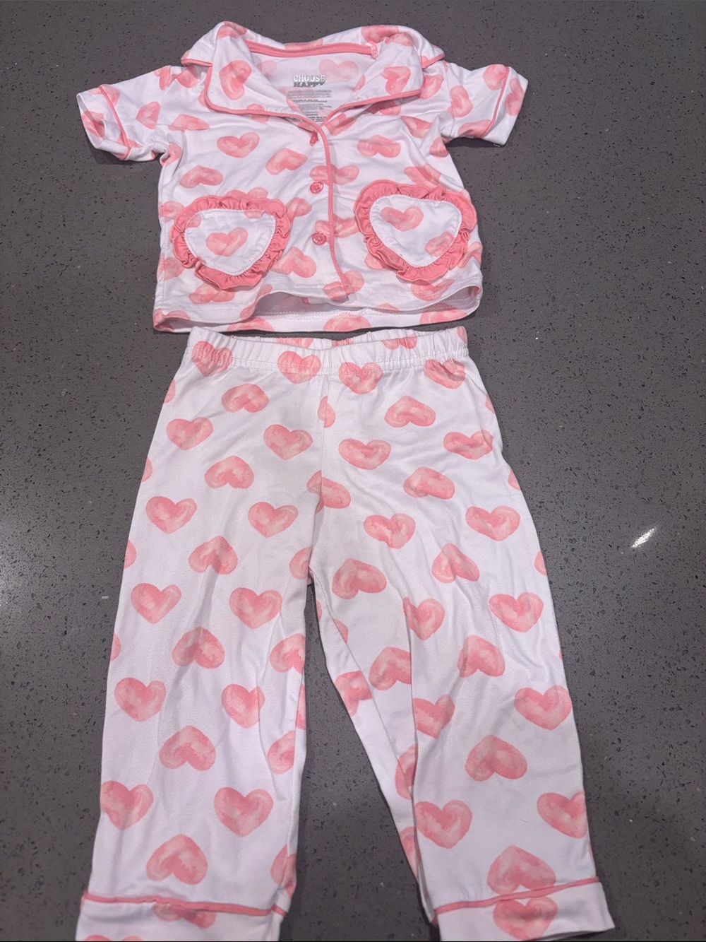 Girls Pink Heart-Print Pajama Set with Ruffle Pockets